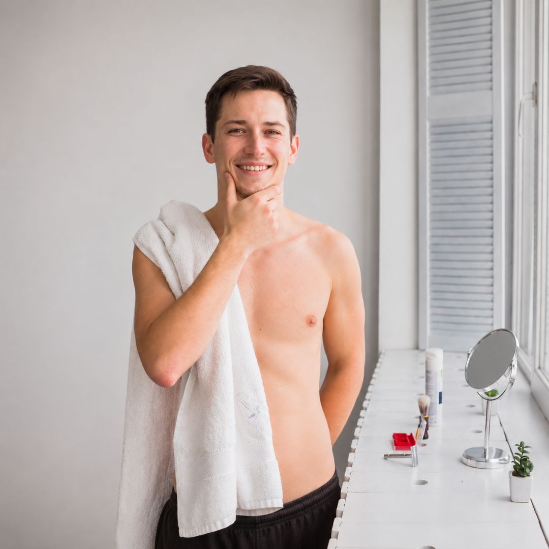 man smiling with towel after grooming
