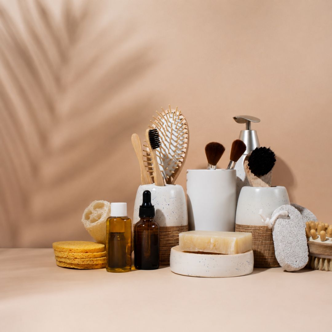 natural bath and body products on beige background