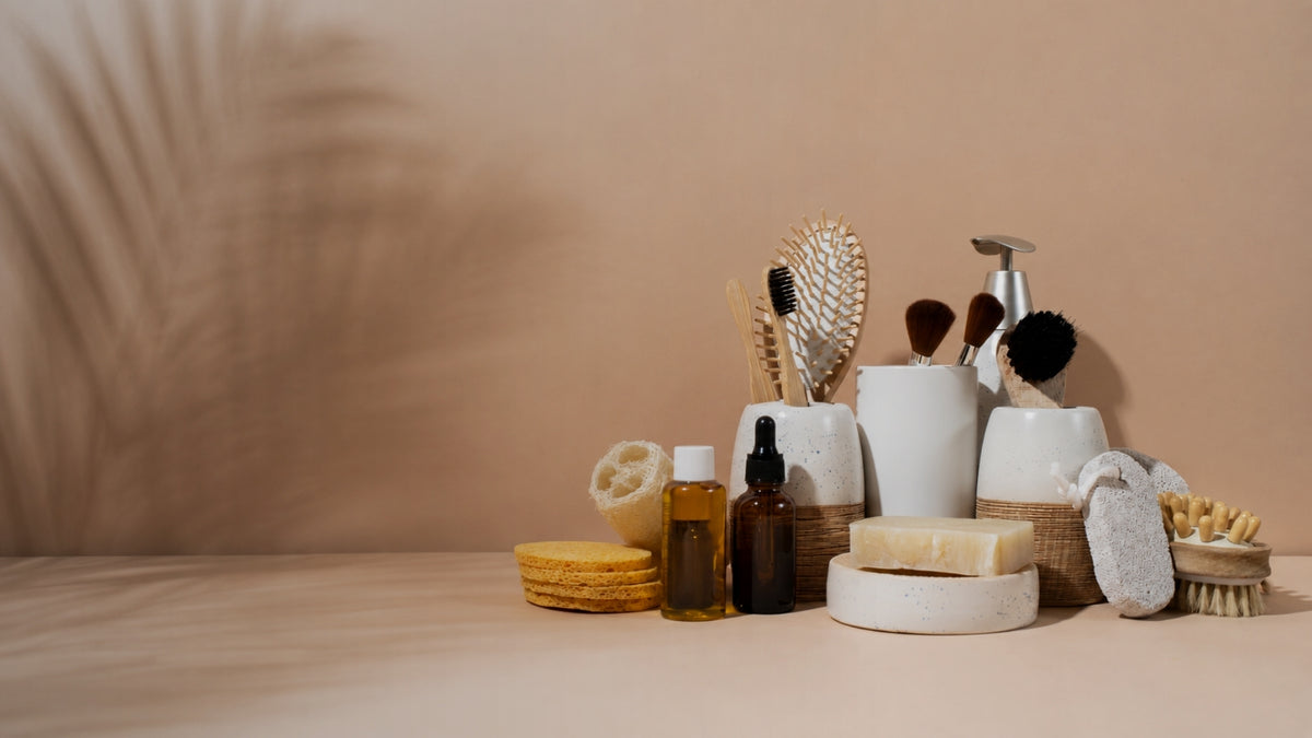 natural skincare products arranged on beige background