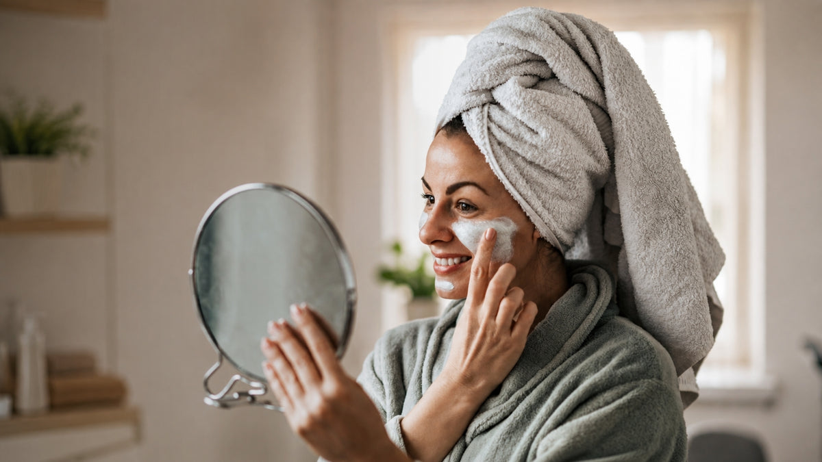 woman applying facial cleanser looking in mirror