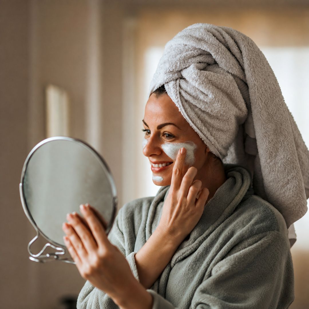 woman applying facial cleanser looking in mirror